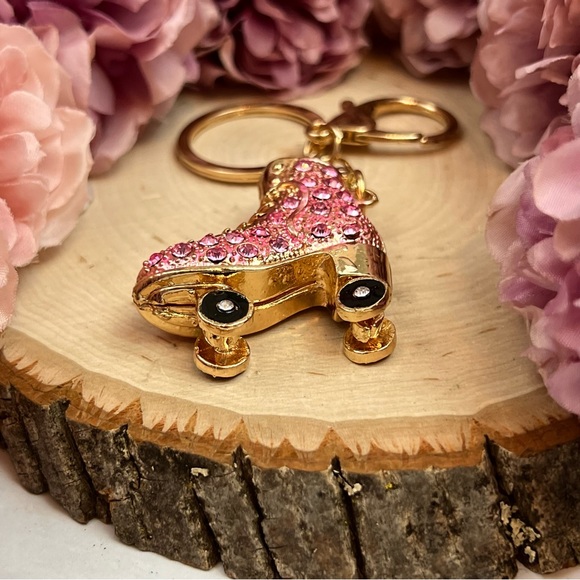 Pink and Gold Crystal Roller Skate Keychain Charm - Picture 13 of 16